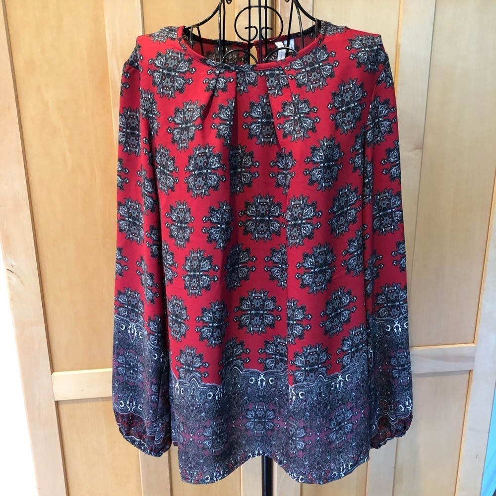 Cato Red Paisley Print Long Sleeve Blouse Top Small